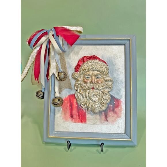 Handcrafted and Hand Painted OOAK Santa Claus Wall Art in Light Blue Frame - Picture 6 of 6